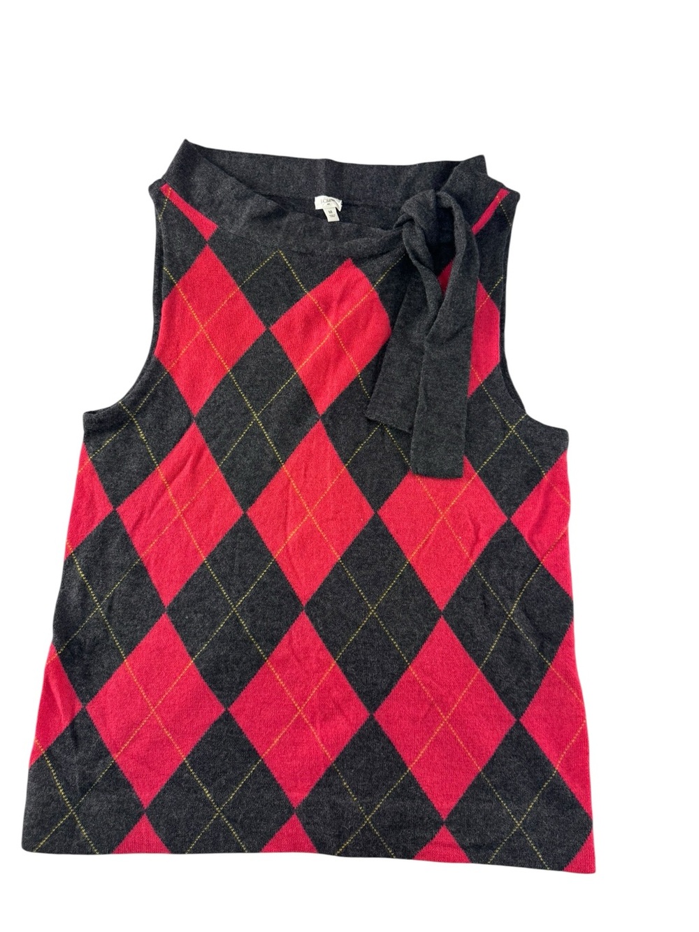 J. Crew Black & Red Argyle Tie-Neck Sleeveless Sweater